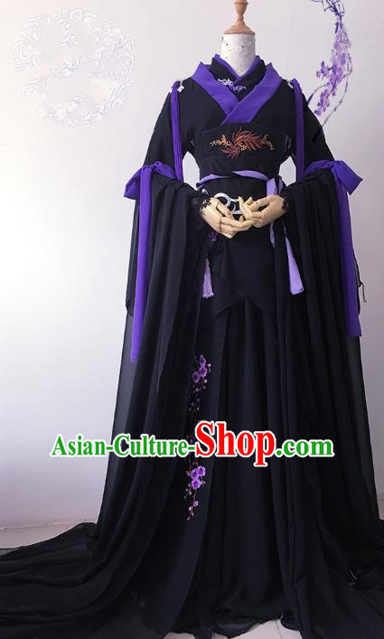 Chinese Ancient Cosplay Queen Costume Han Dynasty Empress Embroidered Black Hanfu Dress for Women