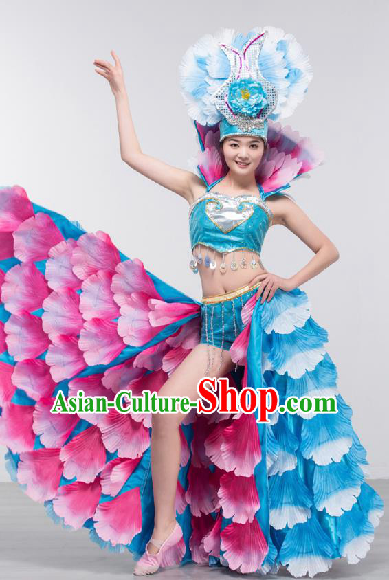 Top Grade Stage Show Costume Chorus Modern Dance Spanish Dance Blue Dress and Headpiece for Women