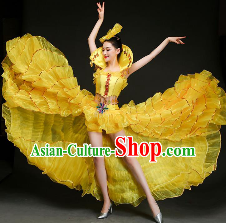 Top Grade Stage Show Costume Chorus Opening Modern Dance Spanish Dance Yellow Dress and Headpiece for Women