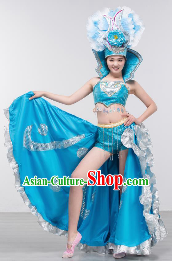 Spanish Traditional Paso Doble Costume Opening Dance Modern Dance Big Swing Blue Dress and Headpiece for Women
