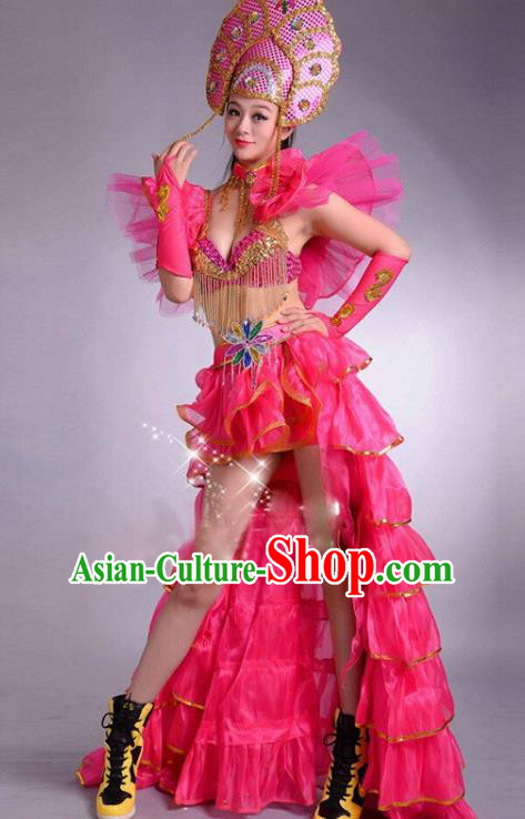 Top Grade Stage Performance Modern Dance Costume Opening Dance Rosy Clothing and Headpiece for Women