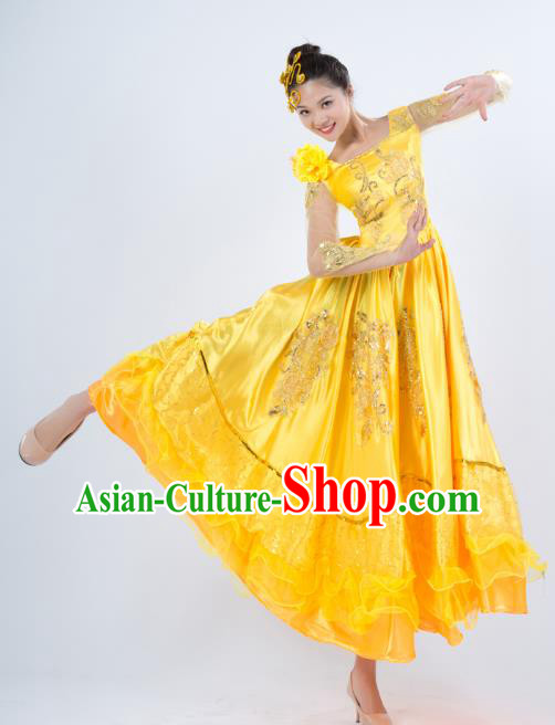 Top Grade Stage Performance Folk Dance Costume Opening Modern Dance Yellow Dress for Women