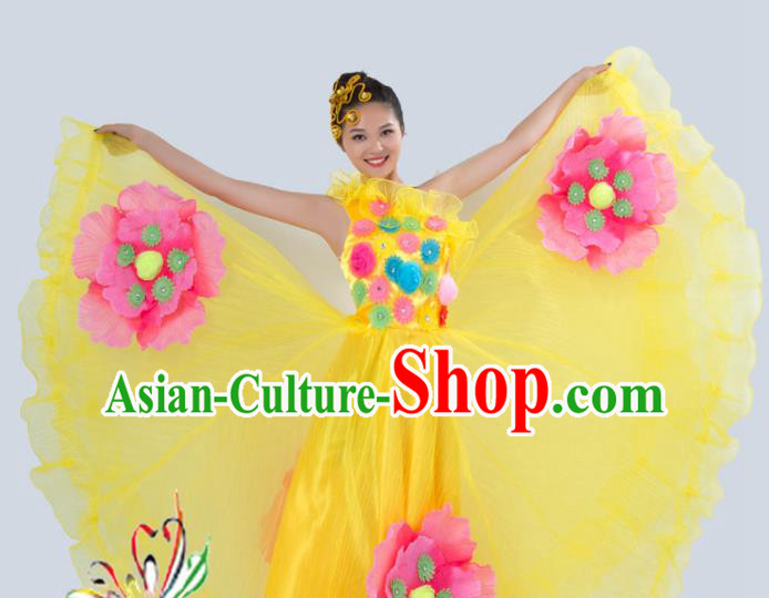 Top Grade Stage Performance Folk Dance Costume Chorus Singing Group Opening Modern Dance Yellow Dress for Women