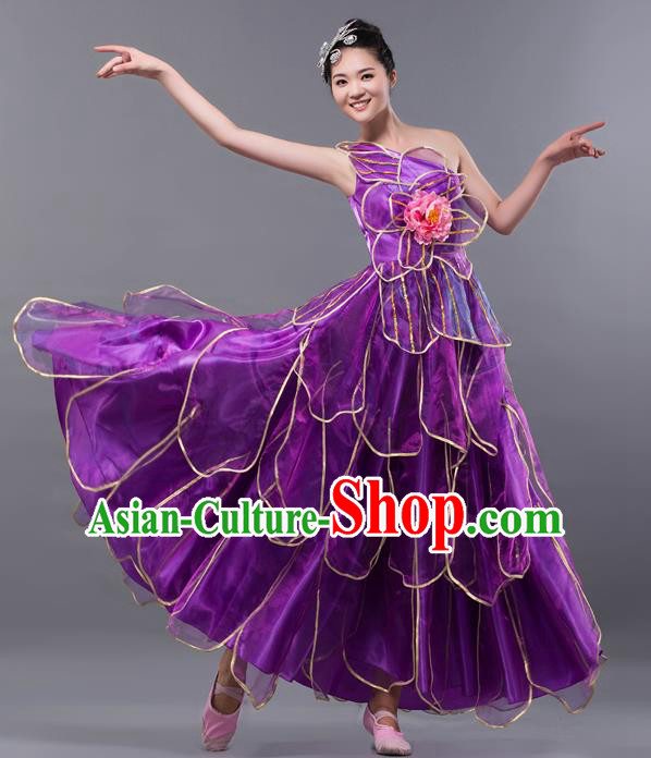 Top Grade Stage Performance Costume Chorus Singing Group Opening Modern Dance Purple Bubble Dress for Women