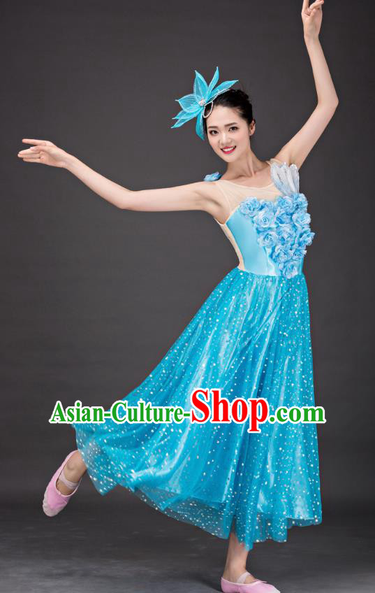 Top Grade Stage Performance Folk Dance Costume Chorus Modern Dance Blue Dress for Women
