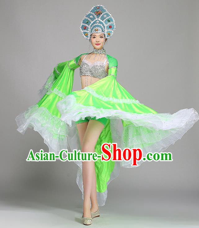 Top Grade Stage Show Costume Chorus Modern Dance Green Dress and Headpiece for Women