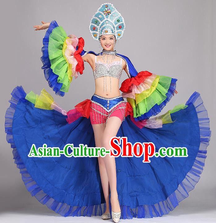 Top Grade Stage Show Costume Chorus Modern Dance Blue Dress and Headpiece for Women