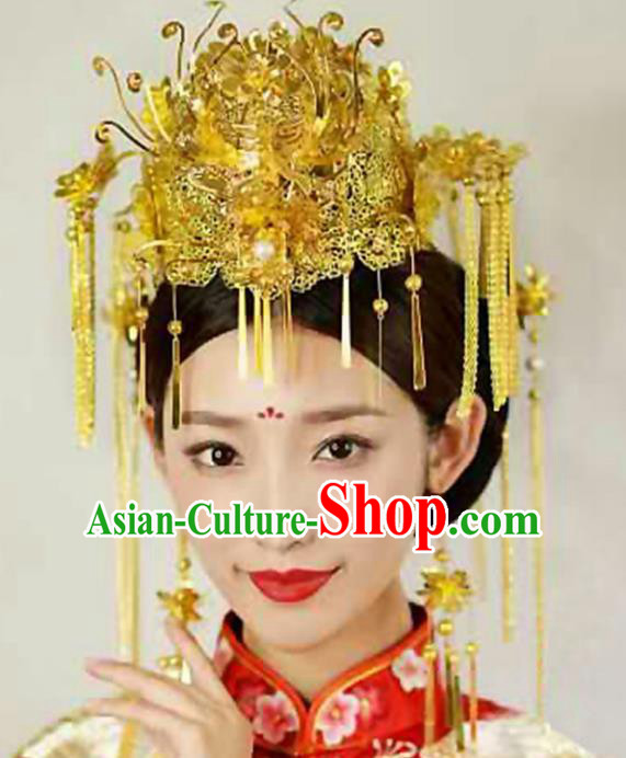 Chinese Traditional Handmade Phoenix Coronet Wedding Hair Accessories Ancient Hairpins Complete Set for Women