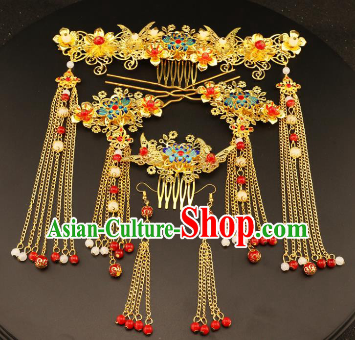 Chinese Traditional Handmade Wedding Hair Accessories Blueing Phoenix Coronet Ancient Hairpins Complete Set for Women