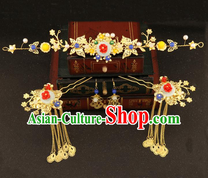 Chinese Traditional Hair Accessories Bride Xiuhe Suit Step Shake Ancient Jade Hairpins Complete Set for Women