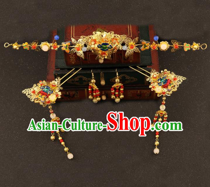 Chinese Traditional Hair Accessories Bride Xiuhe Suit Blueing Hair Clip Ancient Jade Hairpins Complete Set for Women