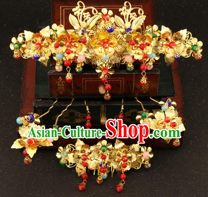 Chinese Traditional Hair Accessories Bride Xiuhe Suit Hair Comb Ancient Jade Hairpins Complete Set for Women