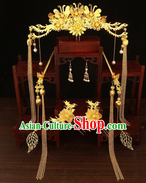 Chinese Traditional Xiuhe Suit Hair Accessories Handmade Golden Phoenix Coronet Ancient Hairpins Complete Set for Women