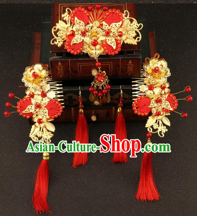 Chinese Traditional Xiuhe Suit Hair Accessories Bride Hair Combs Ancient Jade Hairpins Complete Set for Women