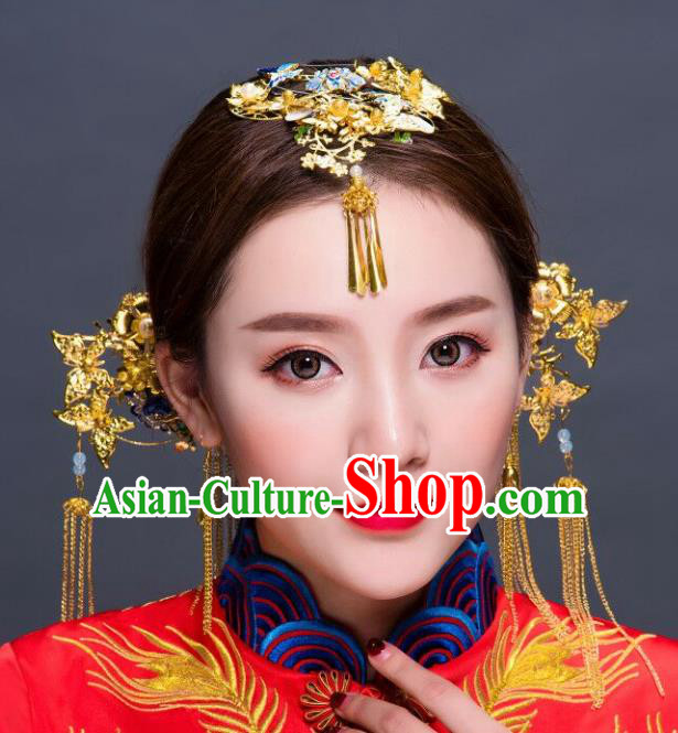 Chinese Traditional Hair Accessories Xiuhe Suit Handmade Blueing Lotus Phoenix Coronet Ancient Hairpins Tassel Step Shake for Women