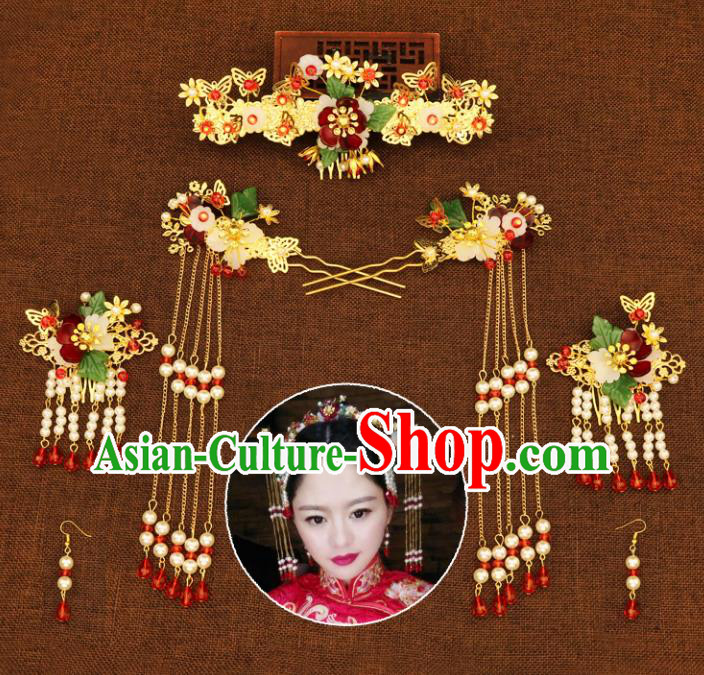 Chinese Traditional Handmade Hair Accessories Xiuhe Suit Hair Comb Ancient Hairpins Tassel Step Shake for Women