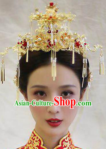 Chinese Traditional Xiuhe Suit Hair Accessories Bride Tassel Phoenix Coronet Ancient Hairpins Complete Set for Women