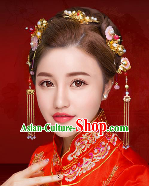 Chinese Traditional Xiuhe Suit Hair Accessories Shell Flowers Phoenix Coronet Ancient Hairpins Complete Set for Women