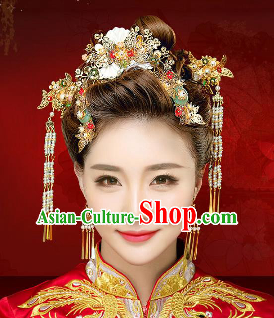 Chinese Traditional Xiuhe Suit Hair Accessories Shell Hair Comb Ancient Hairpins Complete Set for Women
