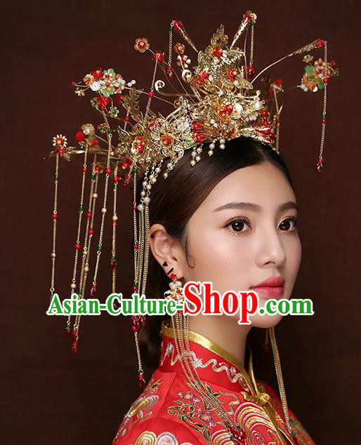 Chinese Traditional Handmade Hair Accessories Xiuhe Suit Phoenix Coronet Ancient Hairpins Step Shake for Women