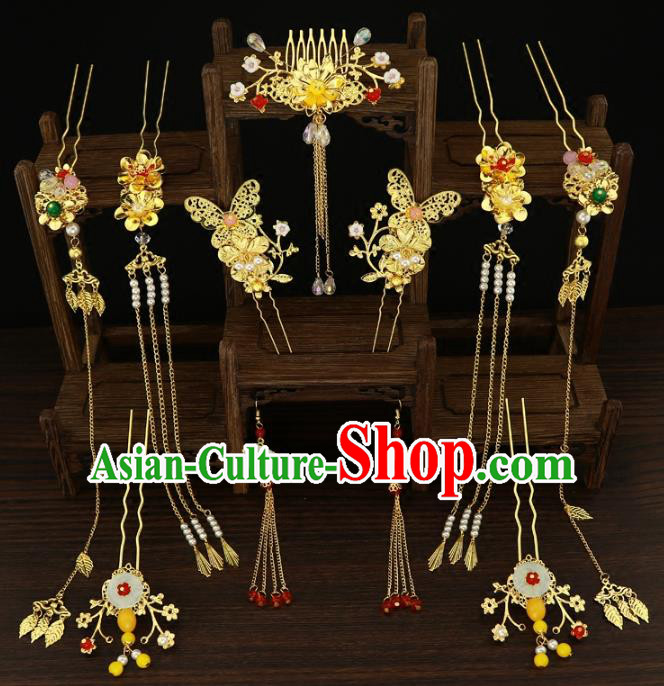 Chinese Traditional Handmade Hair Accessories Xiuhe Suit Golden Hair Comb Ancient Hairpins Step Shake for Women