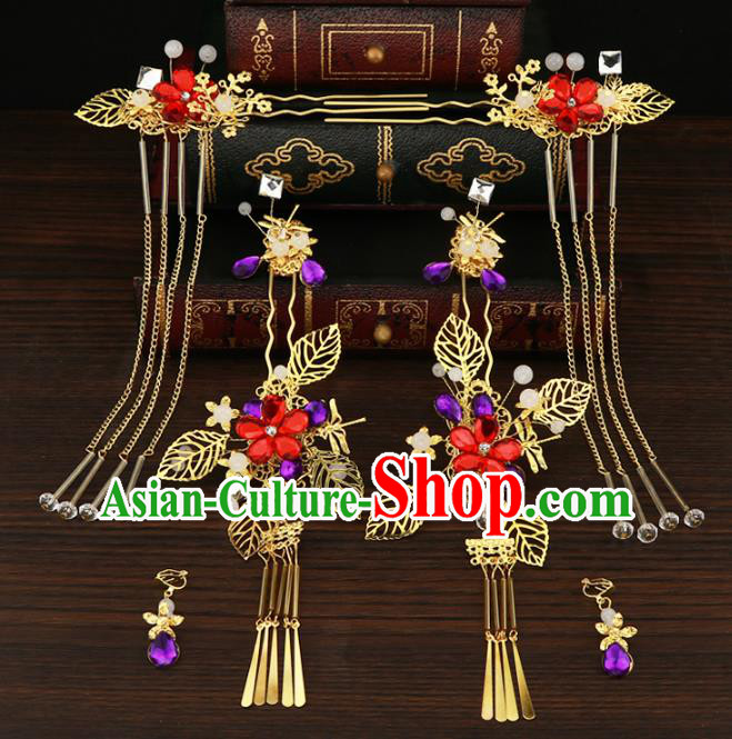 Chinese Traditional Handmade Hair Accessories Hair Clips Ancient Hairpins Xiuhe Suit Step Shake Complete Set for Women