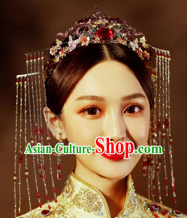 Chinese Traditional Wedding Xiuhe Suit Hair Accessories Tassel Phoenix Coronet Ancient Hairpins Complete Set for Women