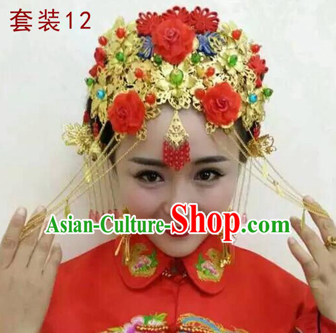 Chinese Traditional Wedding Xiuhe Suit Hair Accessories Ancient Hairpins Tassel Phoenix Coronet Complete Set for Women