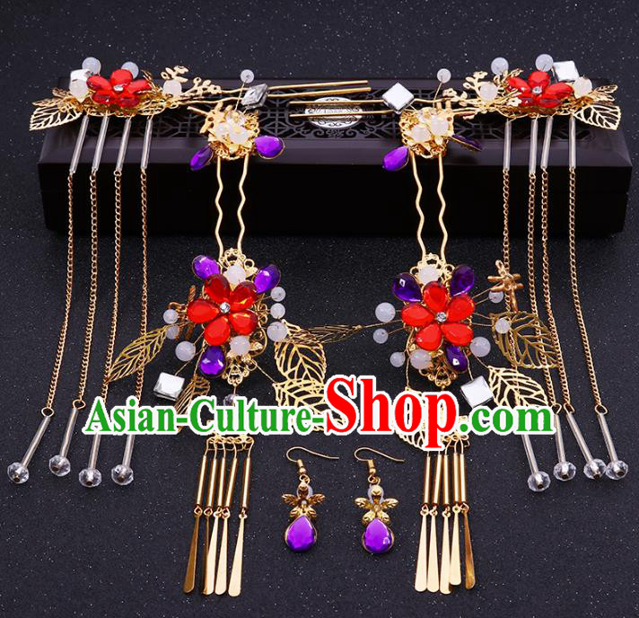 Chinese Traditional Xiuhe Suit Hair Accessories Ancient Purple Crystal Hairpins Complete Set for Women