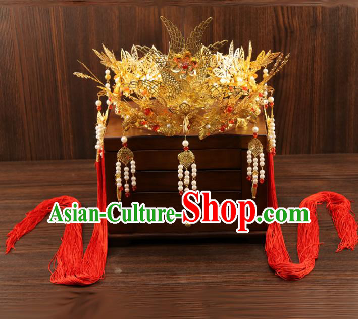 Chinese Traditional Xiuhe Suit Hair Accessories Ancient Pearls Tassel Phoenix Coronet Hairpins for Women