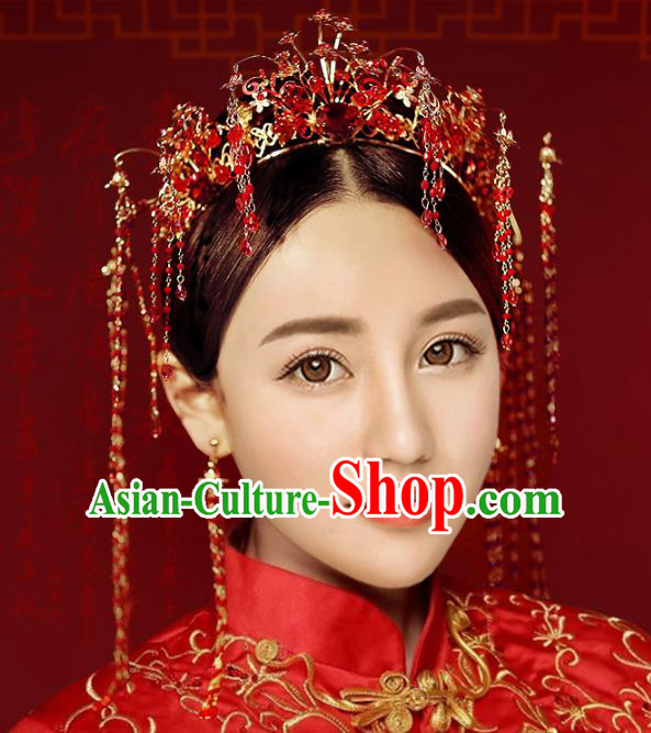 Chinese Traditional Xiuhe Suit Hair Accessories Ancient Red Crystal Phoenix Coronet Hairpins for Women