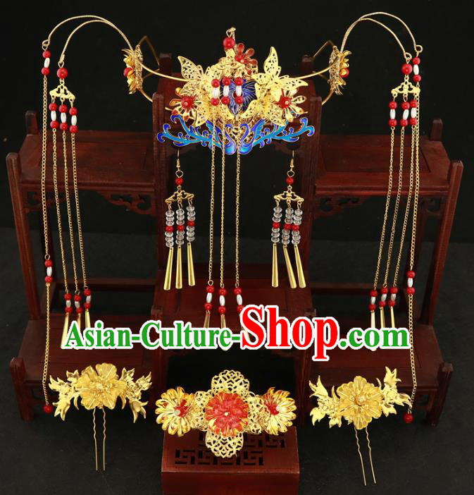 Chinese Traditional Xiuhe Suit Hair Accessories Ancient Empress Blueing Phoenix Coronet Hairpins Complete Set for Women