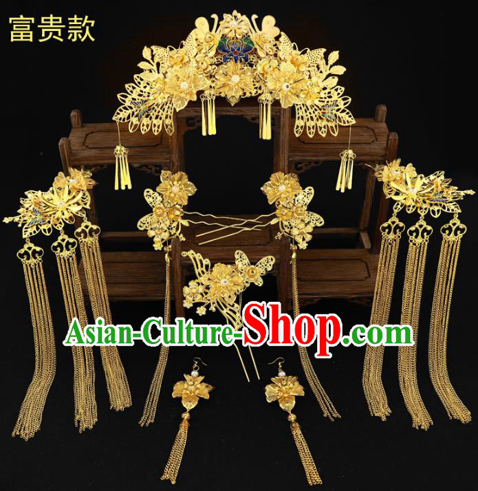 Chinese Traditional Xiuhe Suit Hair Accessories Complete Set Ancient Empress Blueing Phoenix Coronet Hairpins for Women