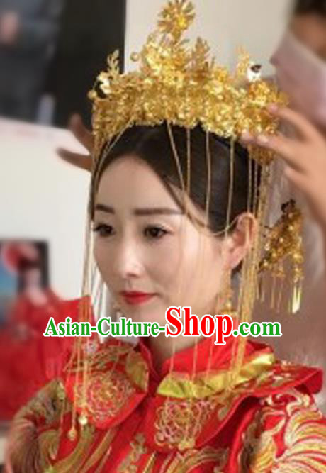 Chinese Traditional Hair Accessories Ancient Xiuhe Suit Golden Phoenix Coronet Hairpins Complete Set for Women
