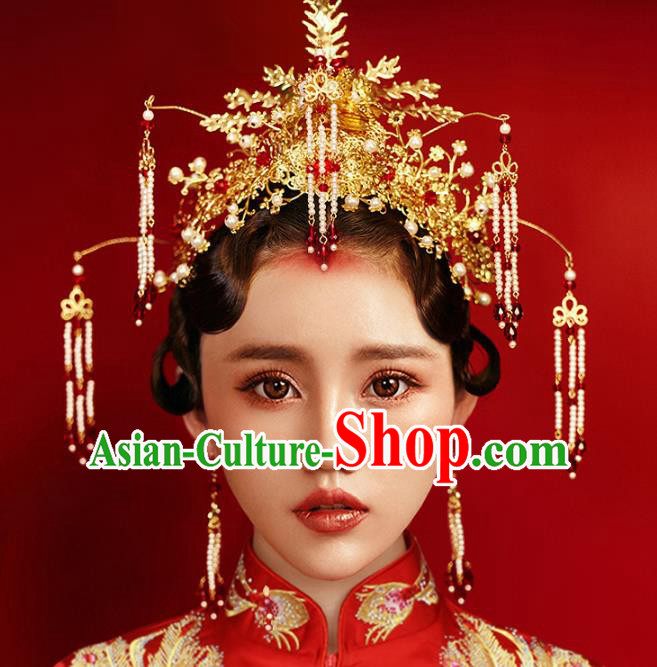 Chinese Traditional Hair Accessories Pearls Tassel Phoenix Coronet Ancient Xiuhe Suit Hairpins Complete Set for Women