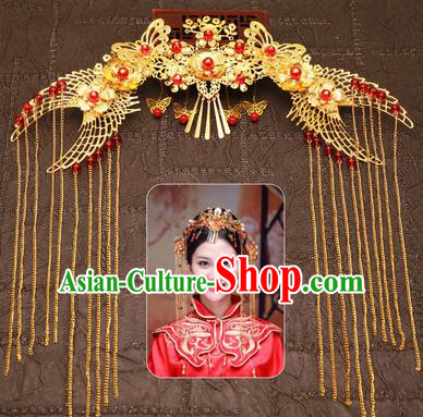 Chinese Traditional Hair Accessories Ancient Red Beads Phoenix Coronet Hairpins for Women