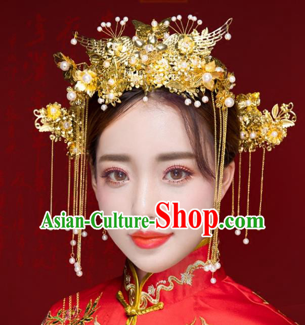 Chinese Traditional Xiuhe Suit Hair Accessories Ancient Handmade Phoenix Coronet Hairpins for Women