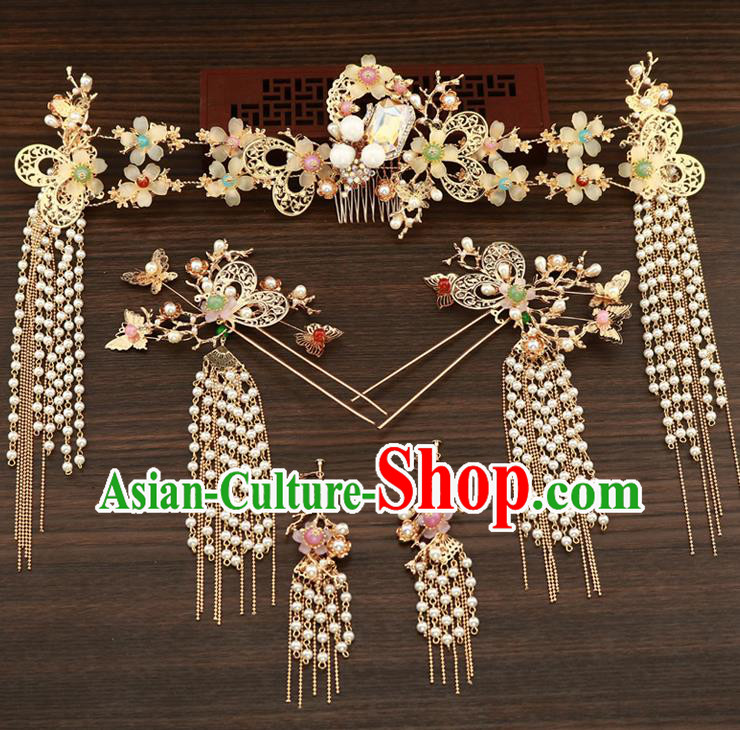 Chinese Traditional Xiuhe Suit Hair Accessories Ancient Handmade Pearls Hairpins Complete Set for Women