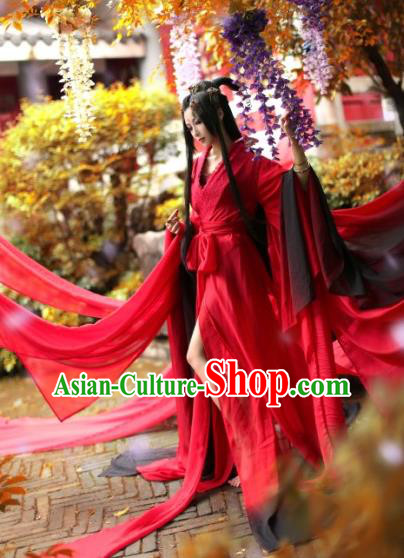 Chinese Ancient Cosplay Swordswoman Costume Jin Dynasty Female Knight Red Hanfu Dress for Women