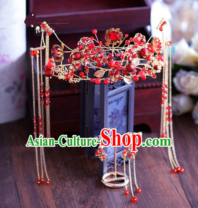 Chinese Traditional Handmade Hair Accessories Ancient Red Crystal Phoenix Coronet Tassel Hairpins for Women