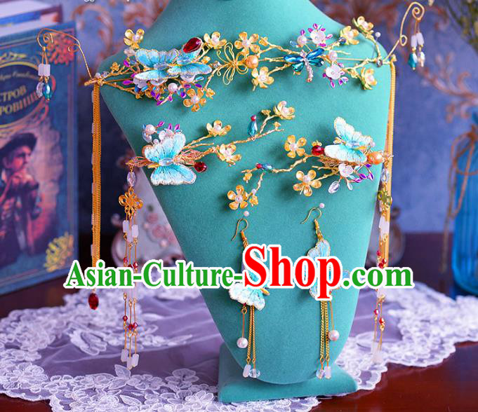 Chinese Traditional Handmade Hair Accessories Ancient Blue Butterfly Phoenix Coronet Hairpins for Women