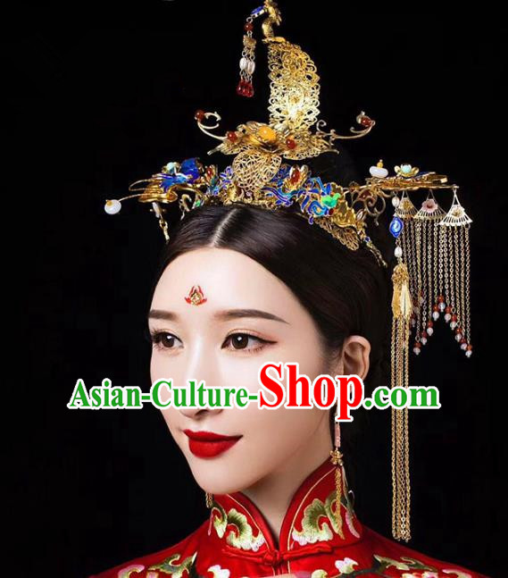 Chinese Ancient Handmade Hair Accessories Traditional Cloisonne Phoenix Coronet Hairpins for Women