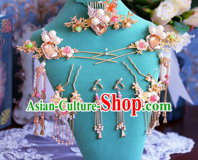 Chinese Ancient Handmade Hair Accessories Traditional Xiuhe Suit Hair Comb Tassel Hairpins for Women
