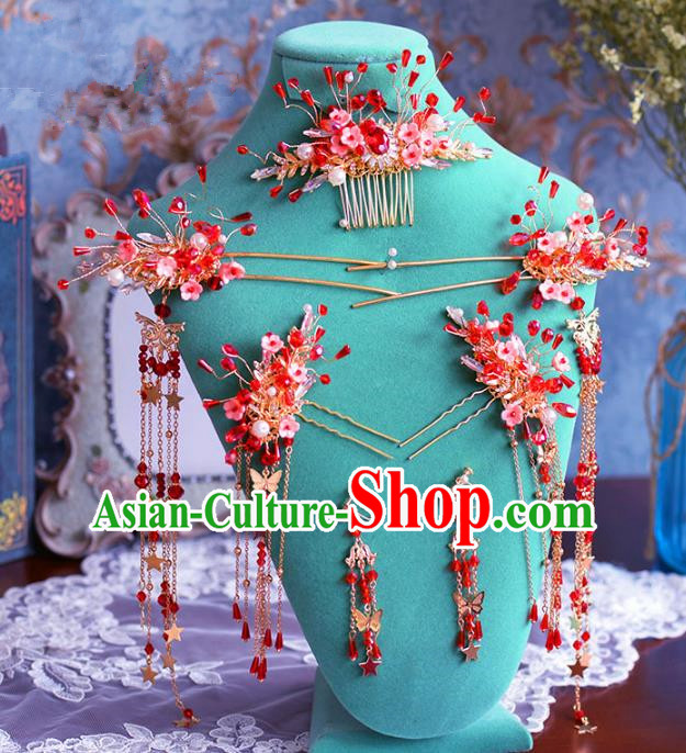Chinese Ancient Handmade Hair Accessories Traditional Xiuhe Suit Red Beads Hair Comb Tassel Hairpins for Women