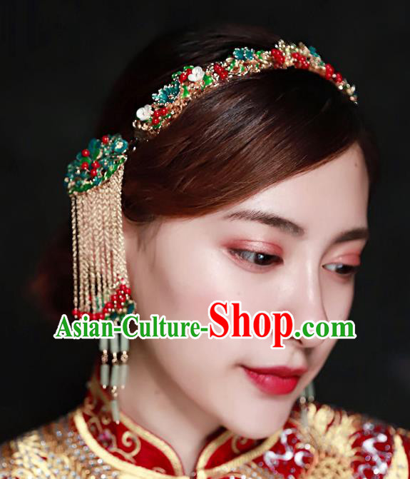 Chinese Ancient Handmade Hair Accessories Traditional Xiuhe Suit Cloisonne Hair Clasp Tassel Hairpins for Women