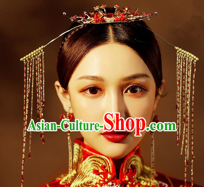 Chinese Ancient Handmade Tassel Phoenix Coronet Hair Accessories Traditional Xiuhe Suit Hairpins for Women