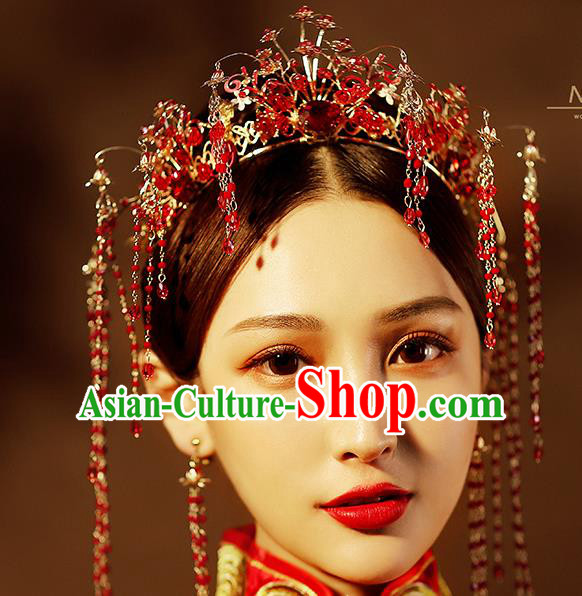 Chinese Ancient Handmade Red Crystal Phoenix Coronet Hair Accessories Traditional Xiuhe Suit Hairpins for Women