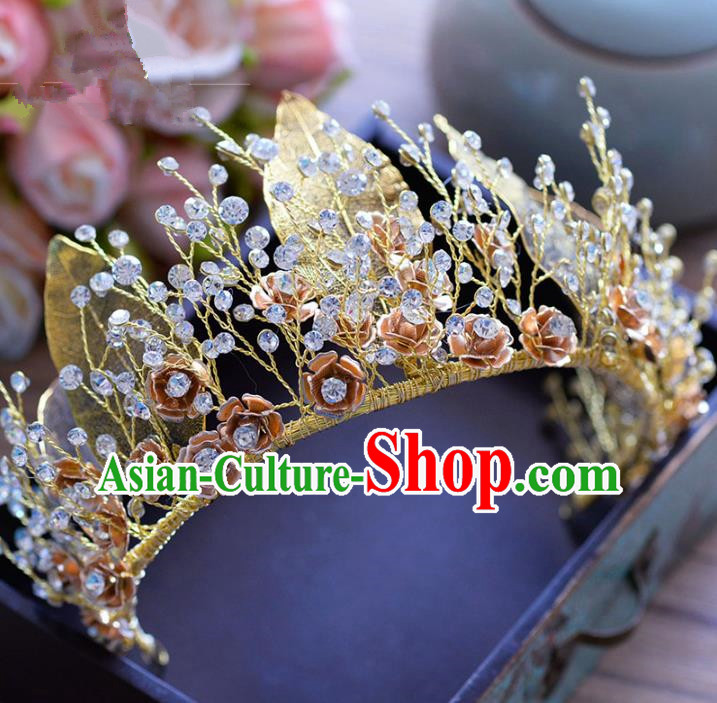 Top Grade Handmade Baroque Golden Leaf Royal Crown Bride Zircon Hair Imperial Crown for Women