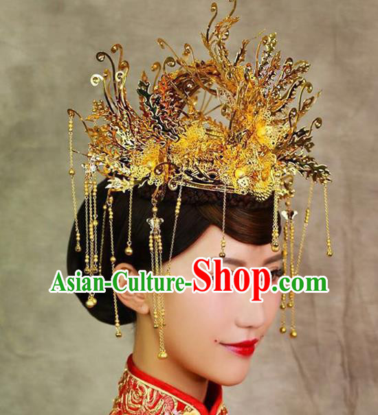 Chinese Ancient Handmade Xiuhe Suit Golden Phoenix Coronet Traditional Hairpins Hair Accessories for Women