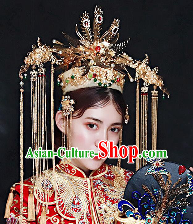 Chinese Ancient Handmade Hair Accessories Traditional Xiuhe Suit Golden Phoenix Coronet Tassel Hairpins for Women